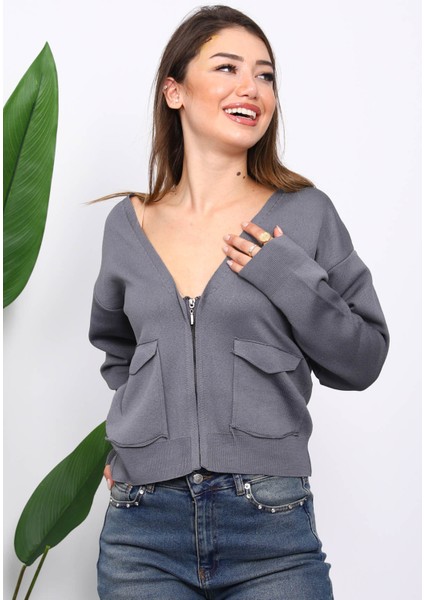Füme Çift Cepli Fermuarlı Triko Hırka