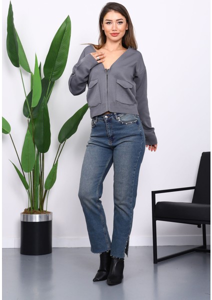 Füme Çift Cepli Fermuarlı Triko Hırka fiyatları