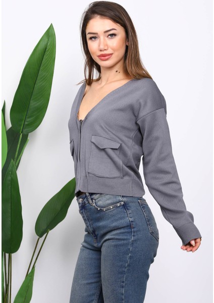 Füme Çift Cepli Fermuarlı Triko Hırka modelleri