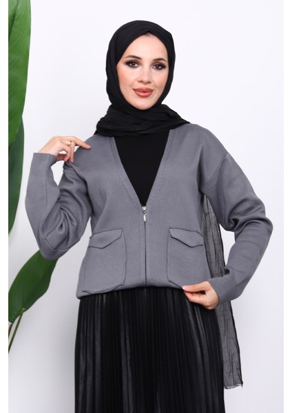 Füme Çift Cepli Fermuarlı Triko Hırka