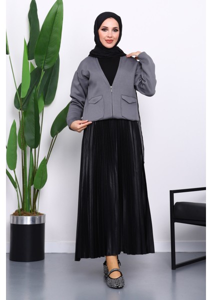 Füme Çift Cepli Fermuarlı Triko Hırka fiyatları