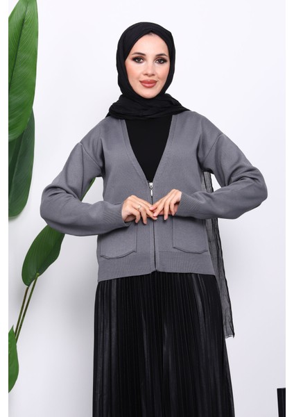 Füme Çift Cepli Fermuarlı Triko Hırka modelleri