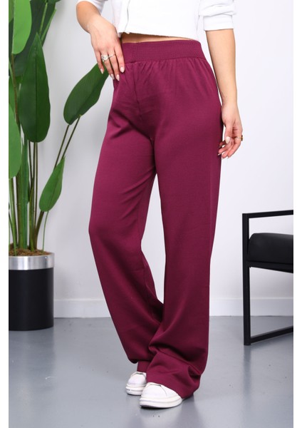 Mürdüm Yüksek Bel Fitilli Bol Paça Triko Pantolon