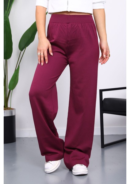 Mürdüm Yüksek Bel Fitilli Bol Paça Triko Pantolon modelleri