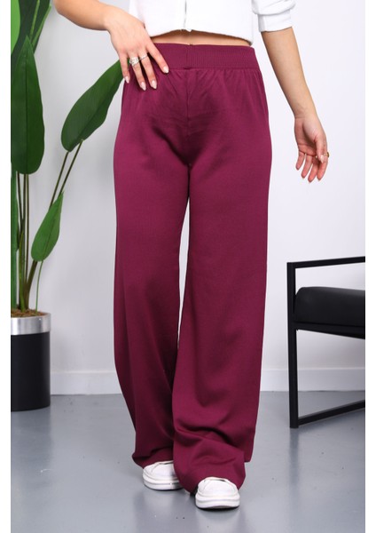 Mürdüm Yüksek Bel Fitilli Bol Paça Triko Pantolon fırsatları