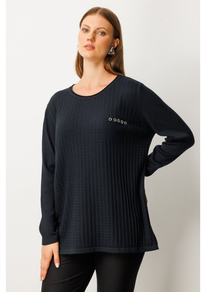 Kadın Büyük Beden Cebi Taşlı Triko Kazak 65354 Siyah fiyatları