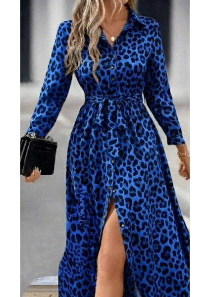Kadın Uzun Kollu Yakalı Belden Kuşaklı Leopar Desenli Modal Uzun Elbise fiyatları