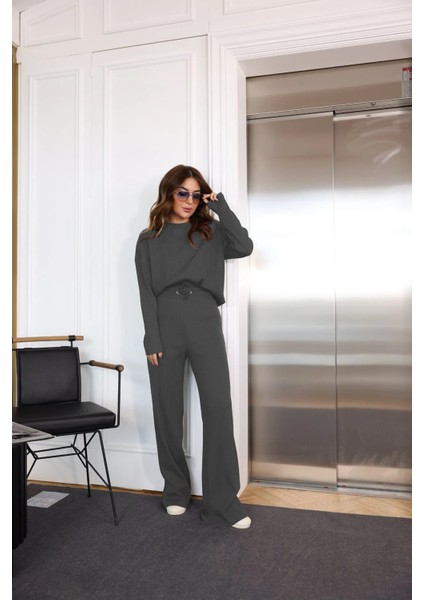 Kadın Fitilli Yüksek Bel Rahat Uzun Kollu Alt Üst Takım