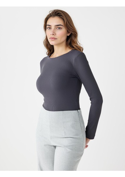 Antrasit Dar Kesim Kayık Yaka Örme Bluz modelleri