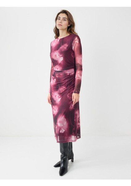 Gül Kurusu Yuvarlak Yaka Çiçek Desenli Mesh Örme Midi Elbise