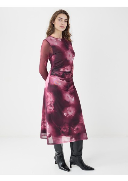 Gül Kurusu Yuvarlak Yaka Çiçek Desenli Mesh Örme Midi Elbise fiyatları