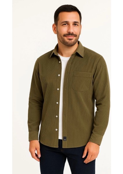 Erkek Fitilli Kadife Cepli Gömlek Oversize Rahat Kalıp - Haki
