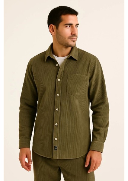 Erkek Fitilli Kadife Cepli Gömlek Oversize Rahat Kalıp - Haki fiyatları