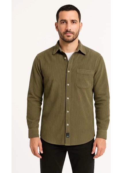 Erkek Fitilli Kadife Cepli Gömlek Oversize Rahat Kalıp - Haki modelleri
