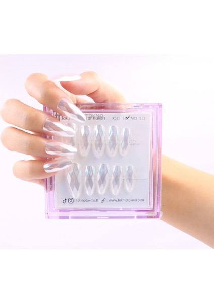 10'lu Beyaz Uzun Badem UBD1465 Tekrar Kullanılabilir El Yapımı Protez Takma Tırnak - Beyaz-S
