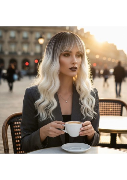 Dalgalı Kısa Perçemli Fiber Sentetik Peruk - Kahve / Beyaz Platin Ombreli