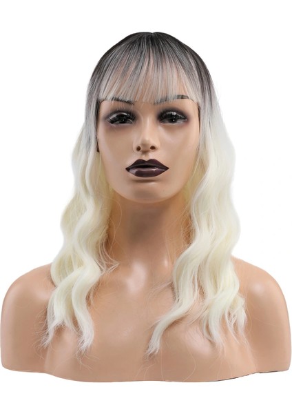 Dalgalı Kısa Perçemli Fiber Sentetik Peruk - Kahve / Beyaz Platin Ombreli fiyatları