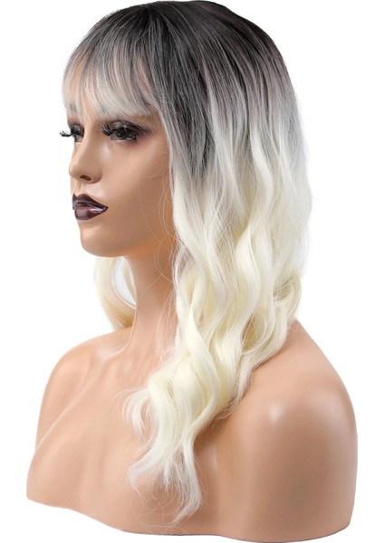 Dalgalı Kısa Perçemli Fiber Sentetik Peruk - Kahve / Beyaz Platin Ombreli fırsatları