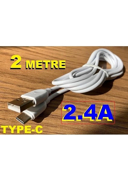 Xıaomi Uyumlu Type C Şarj ve Data Kablosu 2 Metre 2.4A 2.4 Amper Beyaz