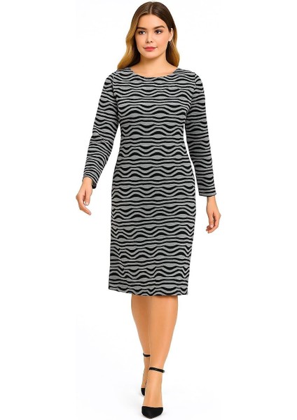 Kadın Büyük Beden Gri-Siyah, Bisiklet Yaka Desenli Elbise 65N39206