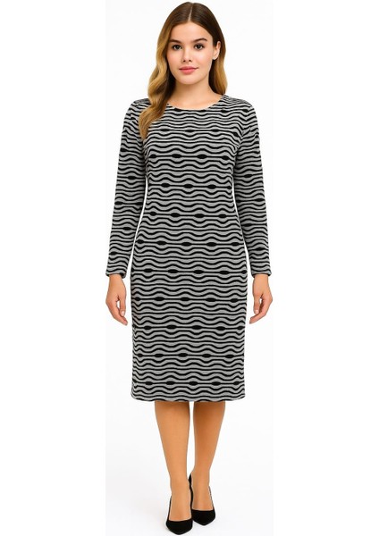 Kadın Büyük Beden Gri-Siyah, Bisiklet Yaka Desenli Elbise 65N39206 fiyatları
