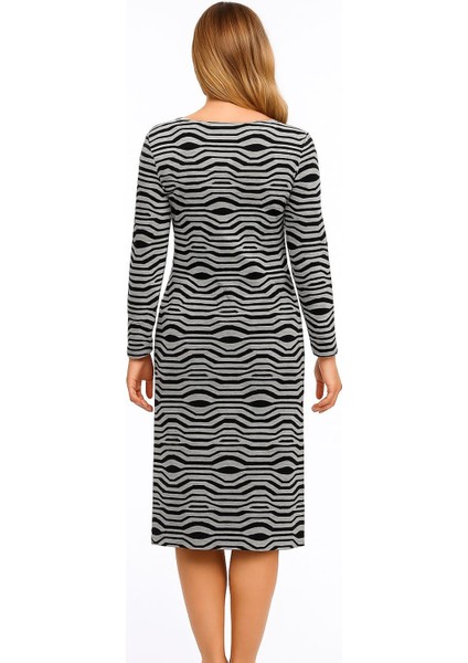 Kadın Büyük Beden Gri-Siyah, Bisiklet Yaka Desenli Elbise 65N39206 indirimleri
