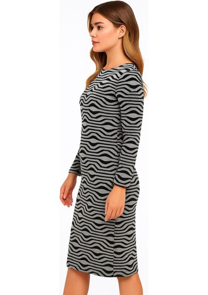 Kadın Büyük Beden Gri-Siyah, Bisiklet Yaka Desenli Elbise 65N39206