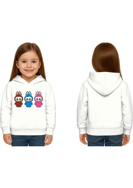 Unisex Baskılı Çocuk Swaetshirt Labubu Baskılı Kapüşonlu 3 Iplik Şardonlu