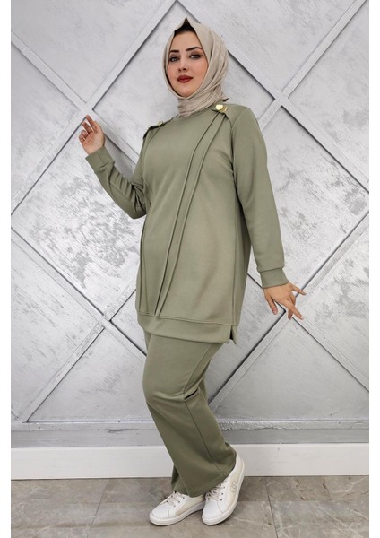 Kadın Düğme Detaylı Nervür Dikim Tesettür Takım