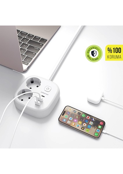 MP23 2 Prizli Uzatma Kablosu 2 USB + Type-C Çıkışlı 2 Metre Akım Korumalı Beyaz modelleri