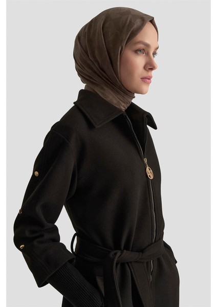 Ribanalı Kaşe Manto 25KT1709 Siyah