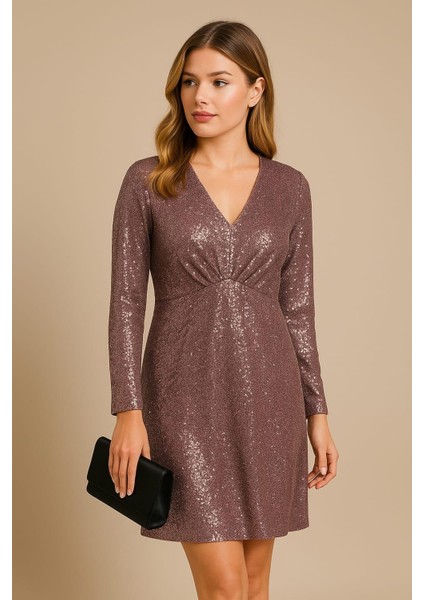 Kadın Büyük Beden Pudra, V Yaka Pullu Abiye Elbise 65N39201