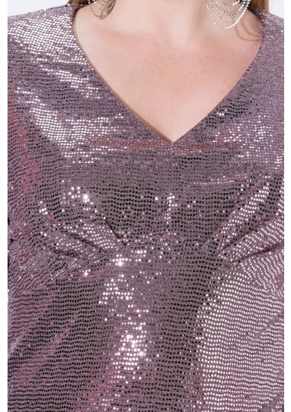 Kadın Büyük Beden Pudra, V Yaka Pullu Abiye Elbise 65N39201 fiyatları