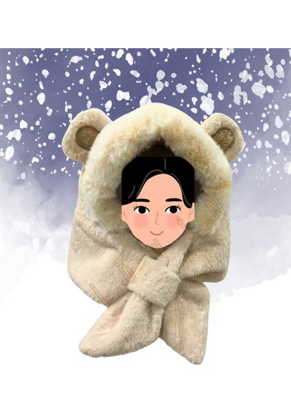 Kulak Detaylı Peluş Ikisi Bir Arada Bere ve Şal | Yumuşacık ve Sıcacık Kış Şapkası