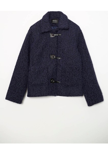 D99708 Düğme Detaylı Cepli Kadın Buklet Mont Indigo