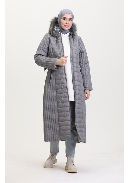 Kapüşonlu Kapitone Kaban 0813-07 Gri