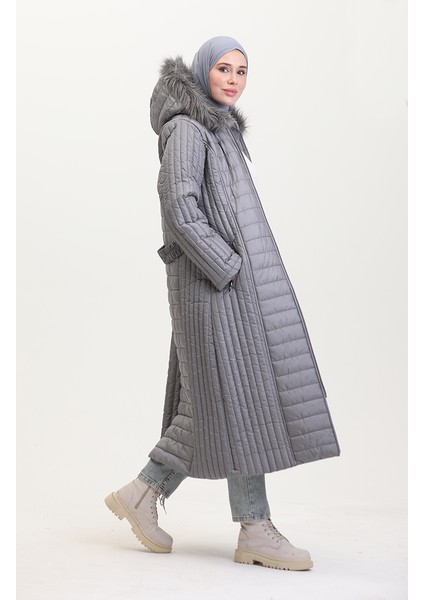 Kapüşonlu Kapitone Kaban 0813-07 Gri fiyatları