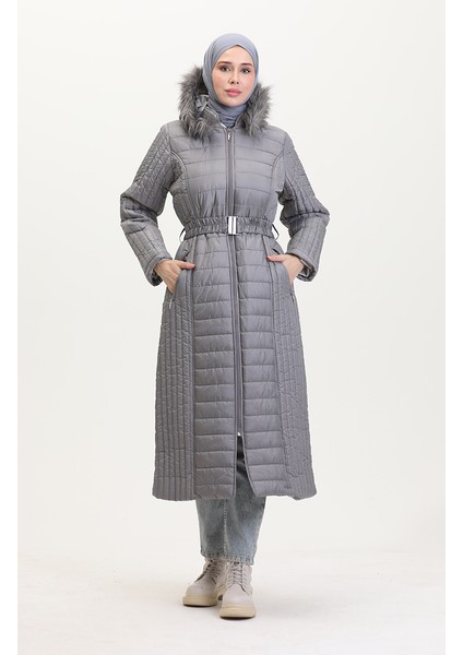 Kapüşonlu Kapitone Kaban 0813-07 Gri modelleri