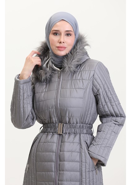 Kapüşonlu Kapitone Kaban 0813-07 Gri fırsatları