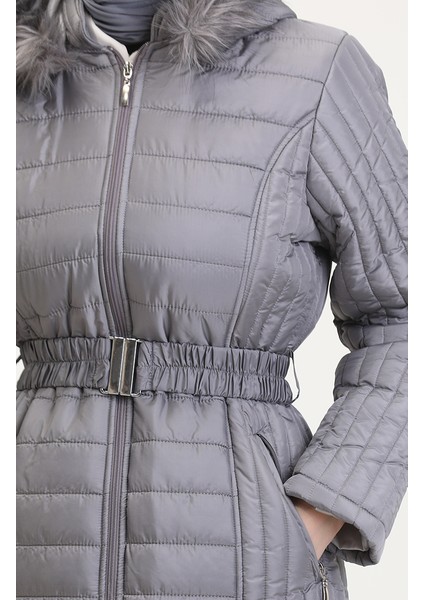 Kapüşonlu Kapitone Kaban 0813-07 Gri indirimleri