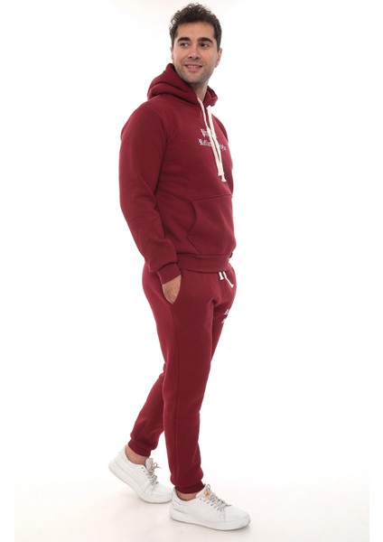 Bordo Şık Içi Polarlı Erkek Eşofman Takımı Paça Lastikli Cepli Kapüşonlu Nakış Detaylı Compact Takım