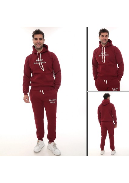Bordo Şık Içi Polarlı Erkek Eşofman Takımı Paça Lastikli Cepli Kapüşonlu Nakış Detaylı Compact Takım fırsatları
