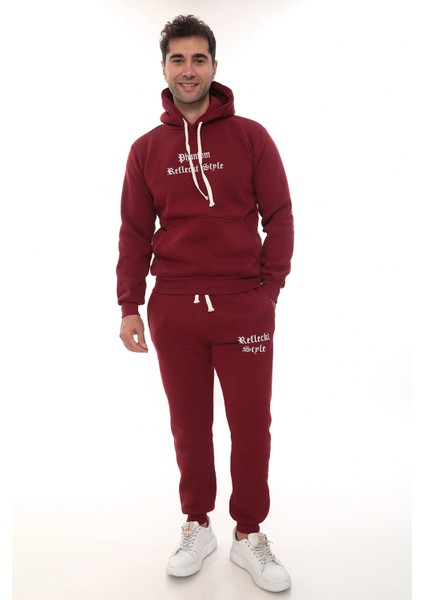 Bordo Şık Içi Polarlı Erkek Eşofman Takımı Paça Lastikli Cepli Kapüşonlu Nakış Detaylı Compact Takım indirimleri