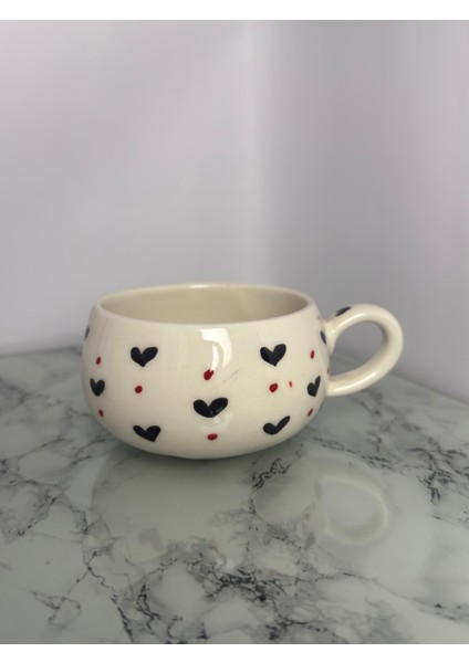 Seramik El Yapımı Siyah Kalpli Bardak | Yelkovanstudio