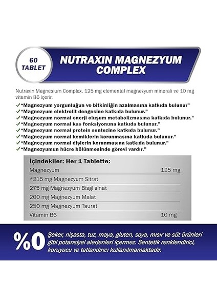 Magnesium Complex Gıda Takviyesi, 60 Tablet fiyatları