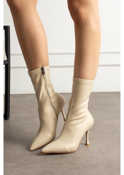 Lastve Kadın Bot Ince Topuklu Fermuarlı Streç Bej Deri fiyatları