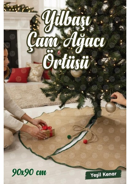 Yılbaşı Çam Ağacı Altı Ayak Örtüsü Overlok Kenarlı Jüt,90 CM-T1515