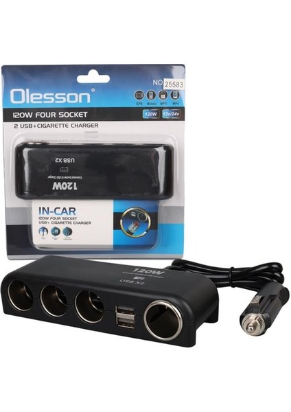 1525 12-24V Çift Usb'lı 120W 80CM Kablolu 4'lü Araç Çakmak Çoklayıcı indirimleri