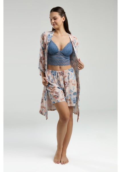 Kadın Sabahlık Bralet Sütyen ve Şort Set, %100 Viskon Kumaş 3'lü Takım