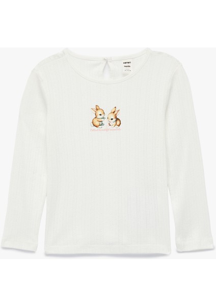 Tavşan Baskılı Uzun Kollu Bisiklet Yaka Tişört